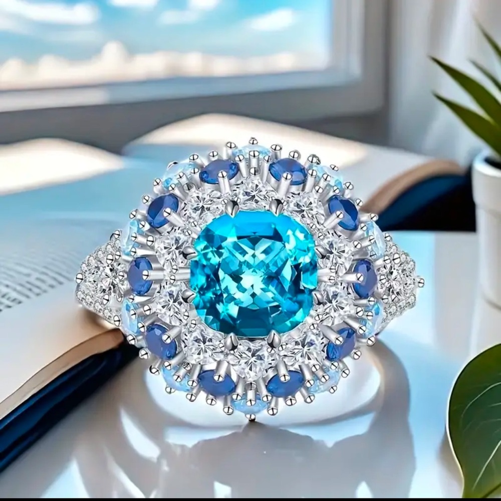 Beautiful Rhinestone Encrusted with Simulated Aquamarine Blue Main Stone, Ring 9